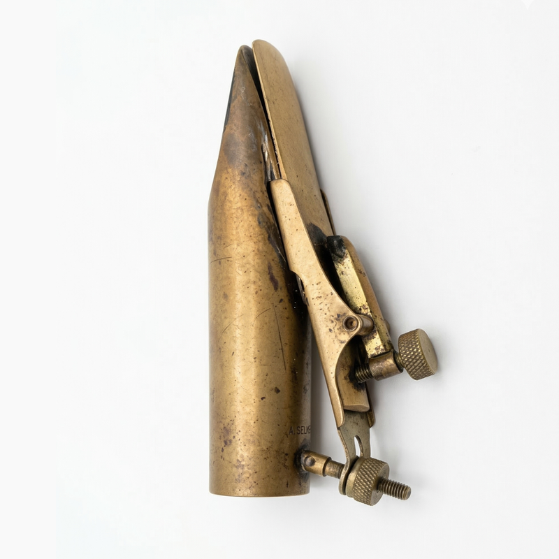 A close-up photograph of a vintage,  saxophone mouthpiece with an integrated, movable metal plate, representing the specific 1970s technical design pioneered by Daniel Deffayet to control reed vibration.